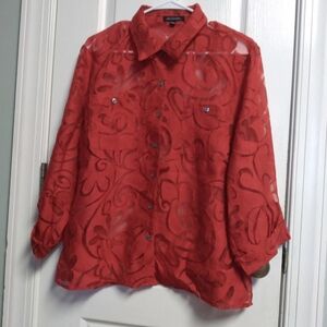 Vintage Style Sheer Red Button-Up Blouse Cardigan L Mesh Cutout Dark Romantic